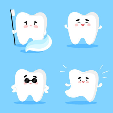 Vector Tooth with toothbrush smiling and dancing, oral hygiene rules in cartoon flat style
