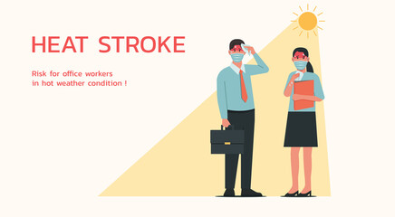 Male and female business characters wearing mask standing together in sunny weather in summer and feeling tried because heatstroke symptom, vector flat illustration