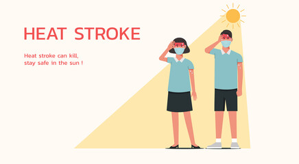 Teenager student characters wearing mask standing together in sunny weather in summer and feeling tried because heatstroke symptom, vector flat illustration