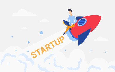 Rocket business startup project concept vector illustration. Cartoon businessman character flying on spaceship rocket, working with laptop on new idea business development innovation background