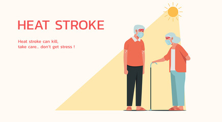 Senior adult character wearing mask standing together in sunny weather in summer and feeling tried because heatstroke symptom, vector flat illustration