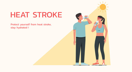 Male and female athlete character standing together in sunny weather in summer and drinking water to prevent heatstroke symptom, vector flat illustration