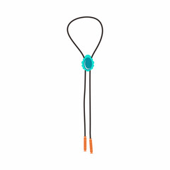 Cowboy bolo tie flat cartoon icon design element. Male fashion accessory isolated on white background. Bolo tie with decorative metal tips. Fashionable stuff. Vector illustration