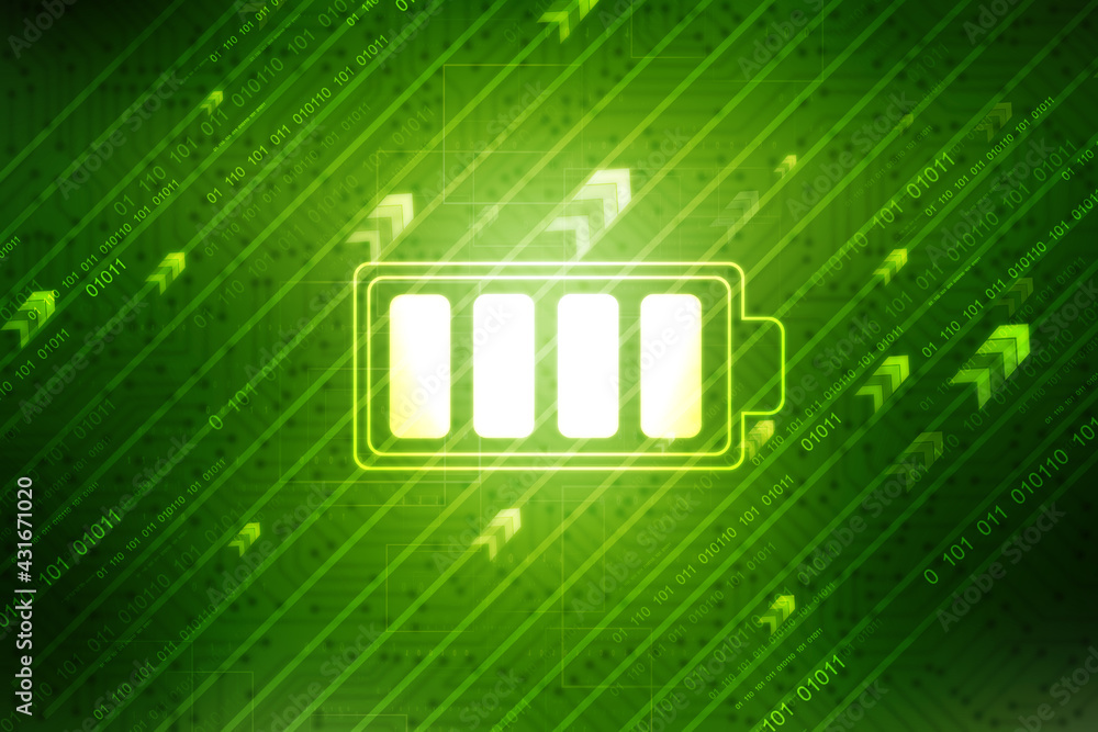 Poster 2d rendering electrical energy and power supply source concept, accumulator battery with charging le