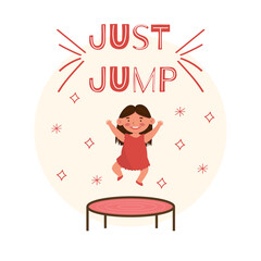 Cute little smiling girl in red dress jumping on trampoline. Cartoon vector illustration, isolated on a white