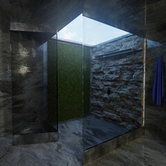 Concept shower with moss and natural light 3d illustration