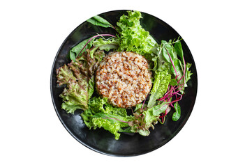 buckwheat salad green mix salad lettuce diet vegan or vegetarian food meal snack copy space food background rustic. top view