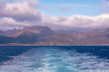View from the stern of the Moskenes-Bodo ferry to Moskenes. Lofoten, Norway