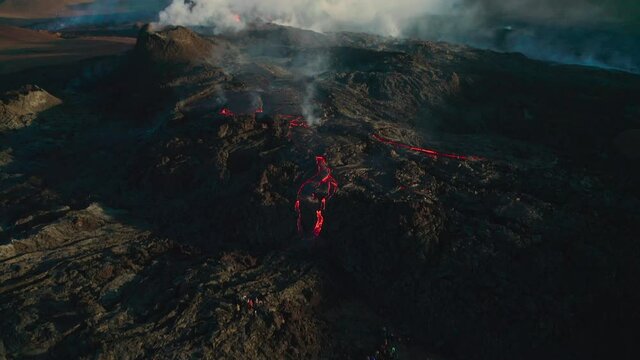 White Smoke Rising Up From Geldingadalir Valley Covered With Lava After Eruption Of Volcano In Iceland. - aerial