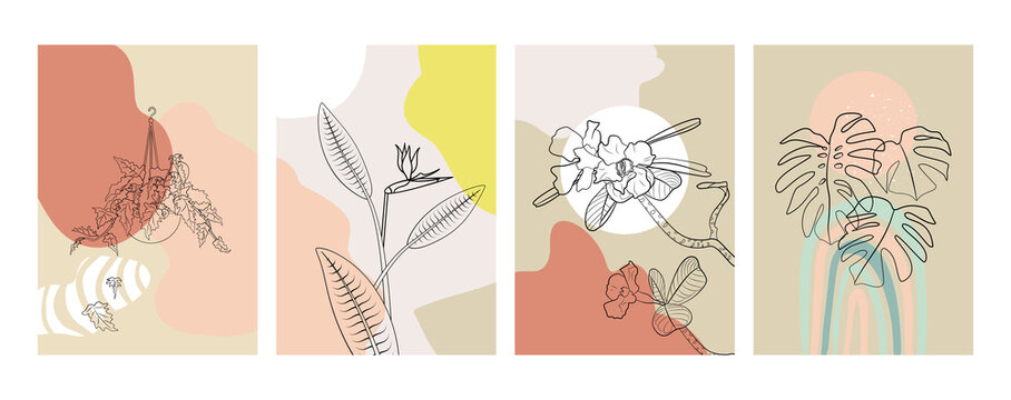 Boho style prints set with line art tropical plant and fluid abstract shapes on background. Pastel neutral colors. Stock vector illustration.