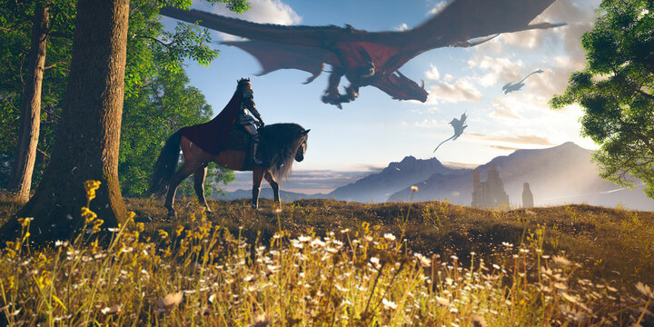 King riding horse through a spring grass and trees in mountains with flying big dragons - concept art - 3d rendering