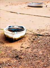 Moored Rowing Boats Beached At Low Tide In Shaldon, Devon