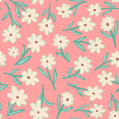 Cute Flower with Leaves Seamless Pattern. Floral Random Placed Vector All Over Print on Pink Background.