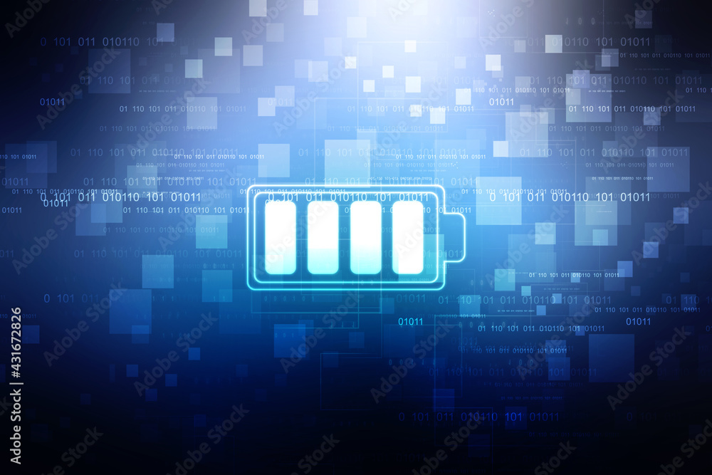 Poster 2d rendering electrical energy and power supply source concept, accumulator battery with charging le