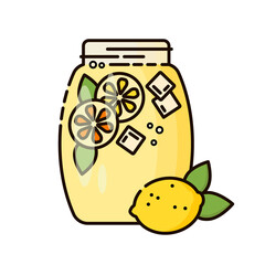 Citrus lemonade with orange, lemon, mint and ice cubes. Summer drink. Homemade recipe. Design for menu, cookbook, stickers. Vector illustration