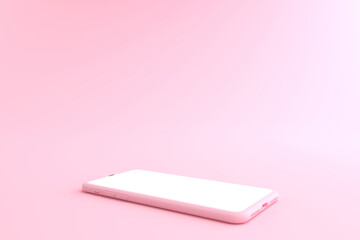 3D rendering. The Pink Smartphone on pink floor. Mobile phone lay down on the ground. and smartphone white screen can be used for commercial advertising, Isolated on pink background, illustration.