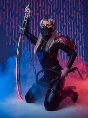 Cyberpunk woman in smoke with sword and whip