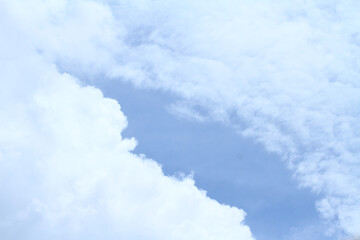 Beautiful blue sky and white clouds of various shapes with sunlight Nature background