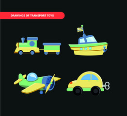 Vector image. Collection of drawings of toys for children. Transport toys. A car, an airplane, a train and a toy boat.