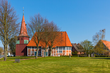Fototapeta na wymiar Church at Grünendeich, Altes Land region, Lower Saxony, Germany