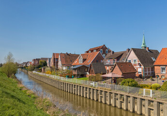 Village of Steinkirchen on Lühe river in Altes Land region, Lower Saxony, Germany