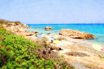 Fototapeta na wymiar A glimpse of a beach with vacationers during a sunny summer day. Digital painting.