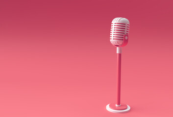 3D Render Retro microphone on short leg and stand, music award model template, karaoke, radio and recording studio sound equipment. - obrazy, fototapety, plakaty
