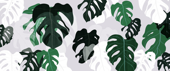 Abstract art tropical leaves background vector. Wallpaper design with watercolor art texture from palm leaves, Jungle leaves, monstera leaf, exotic botanical floral pattern. Design for banner, cover,  © TWINS DESIGN STUDIO