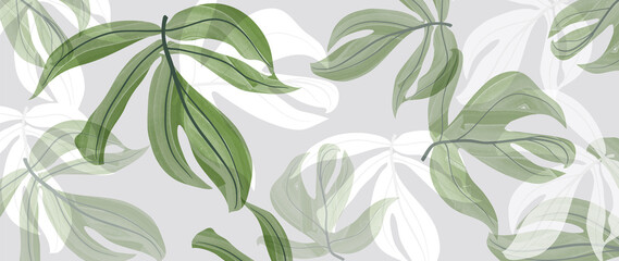 Fototapeta premium Abstract art tropical leaves background vector. Wallpaper design with watercolor art texture from palm leaves, Jungle leaves, monstera leaf, exotic botanical floral pattern. Design for banner, cover, 