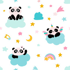Seamless pattern with pandas in the sky. Stars, rainbows and a fairy unicorn