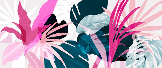 Tropische Blätter der abstrakten Kunst Hintergrundvektor. Tapetendesign mit Aquarellkunsttextur aus Palmblättern, Dschungelblättern, Monsterablatt, exotischem botanischem Blumenmuster. Design für Banner, Cover,