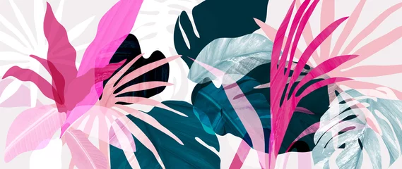 Selbstklebende Fototapete Candy Pink Tropische Blätter der abstrakten Kunst Hintergrundvektor. Tapetendesign mit Aquarellkunsttextur aus Palmblättern, Dschungelblättern, Monsterablatt, exotischem botanischem Blumenmuster. Design für Banner, Cover,