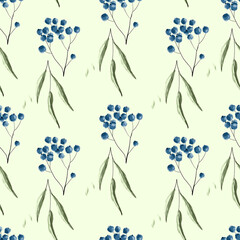 Blue berries and leaves Seamless vector pattern