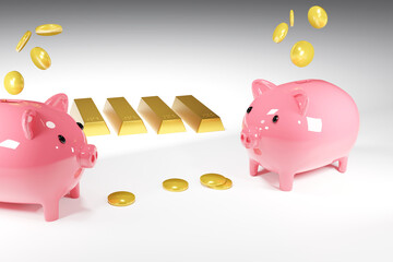 3d rendering pink coin box Piggy bank with falling gold coins. The concept of saving or save money or open a bank deposit.illustration on gray background