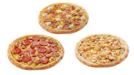 Three pizzas isolated on a white background. Italian food concept. Appetizing pizza.