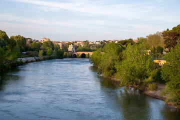 Fototapeta na wymiar IL fiume tevere con il famoso ponte Milvio in lontananza