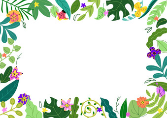 Horizontal rectangular frame of various green leaves and multicolored tropical flowers.Summer and spring floral border template, exotic and bright background. Vector illustration.