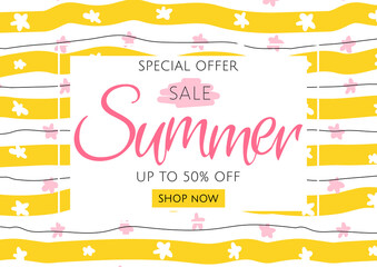 Summer sale advertising banner.Discount background design with striped bright pattern and lettering. Template for the design of a discount flyer, banner, shopping invitation.Vector illustration.