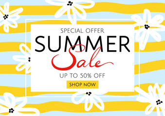 Summer sale advertising banner.Discount design background with striped pattern and curved daisy flowers hand-drawn. Template for the design of a discount flyer, banner, shopping invitation.