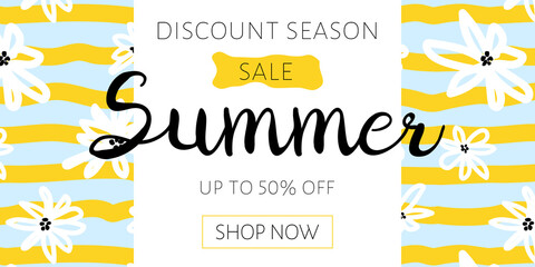 Summer sale advertising banner.Discount design background with striped pattern and curved daisy flowers hand-drawn. Template for the design of a discount flyer, banner, shopping invitation.