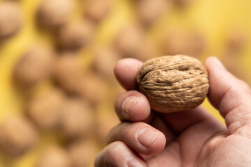 Man's hand holding one walnut on a yellow background