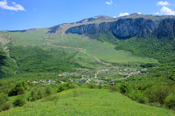 Naklejka na ściany i meble Beautiful fields in the mountains. The village of Gryzdakhnya. Guba region. Azerbaijan.