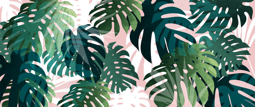 Abstract art tropical leaves background vector. Wallpaper design with watercolor art texture from palm leaves, Jungle leaves, monstera leaf, exotic botanical floral pattern. Design for banner, cover, 