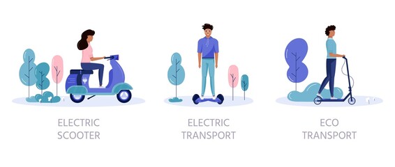 Men and women drive eco city transportation in public park city concept. Personal electric transport, green electro scooter, hoverboard, gyroscooter, unicycle and bike. Ecological vehicle set