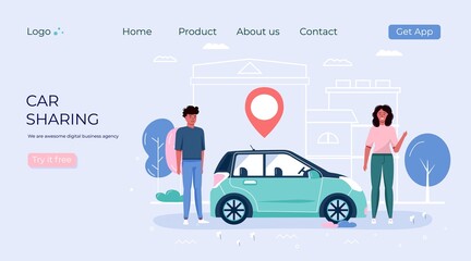 People using car sharing and rent service. Layout for landing page mobile app for online carsharing and carpooling travel with route and points location on a city map. Transportation vector concept - 431675824