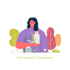 Cartoon people prepared organic natural homeopathic pills in glass jars. Homeopathy treatment banner, herbal alternative medicine, essential natural oil, herb pharmacy, food supplement. flat vector