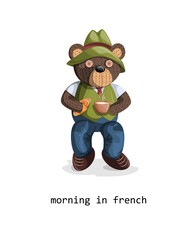 Vector image of a soft toy bear, depicted alive with a hint of humanity and aristacratic origin, wearing a hat with a cup of coffee and a croissant. Concept. EPS 10