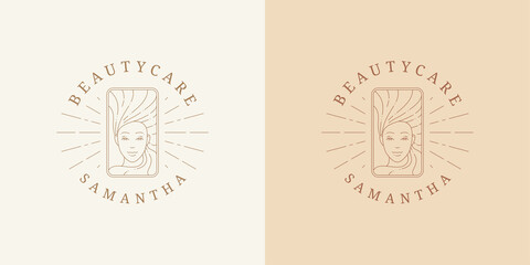 Female portrait logo emblem design template vector illustration in minimal line art style