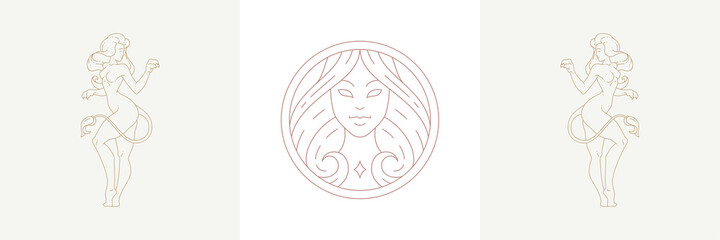 Magic woman head and female leo zodiac in boho linear style vector illustrations set - obrazy, fototapety, plakaty