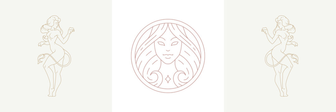 Magic woman head and female leo zodiac in boho linear style vector illustrations set